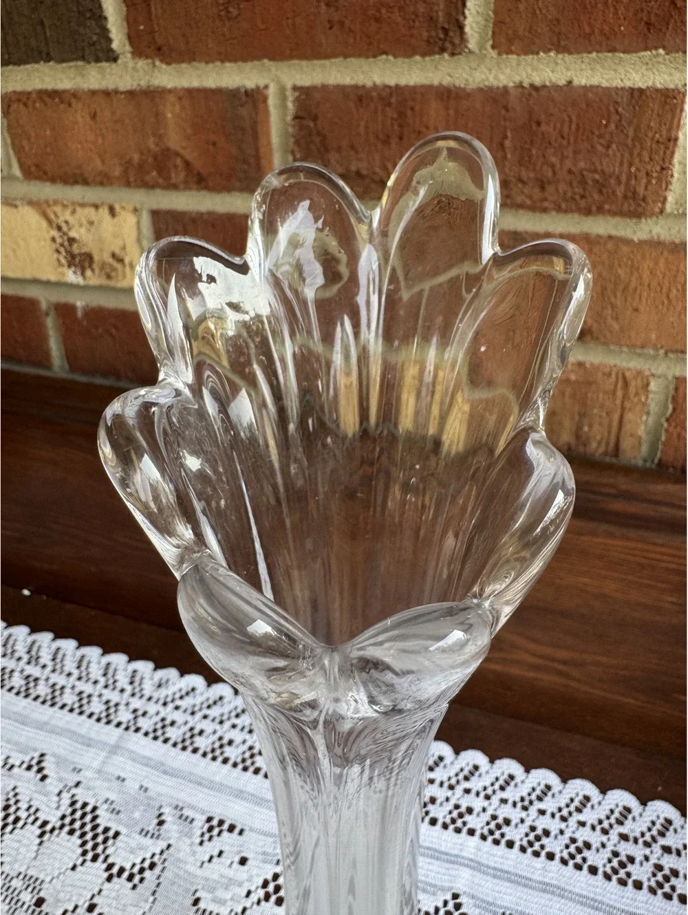 Vintage Clear Swung Glass Bud Vase with Scalloped Top and Floral Base